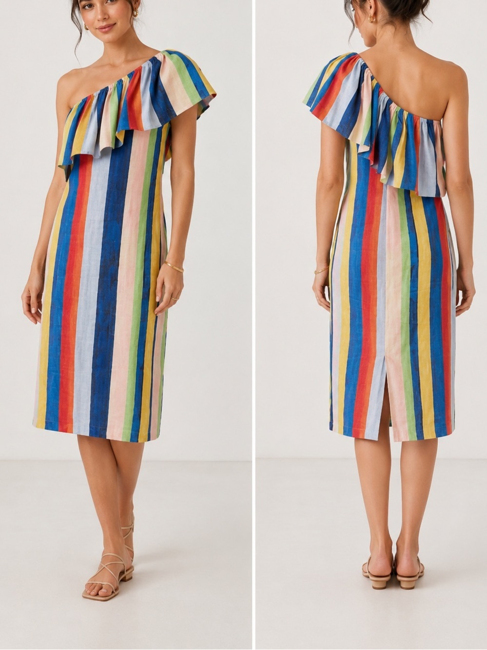 Mara Hoffman Ray Rainbow Stripe One-Shoulder Linen Midi Dress - Picture 9 of 9